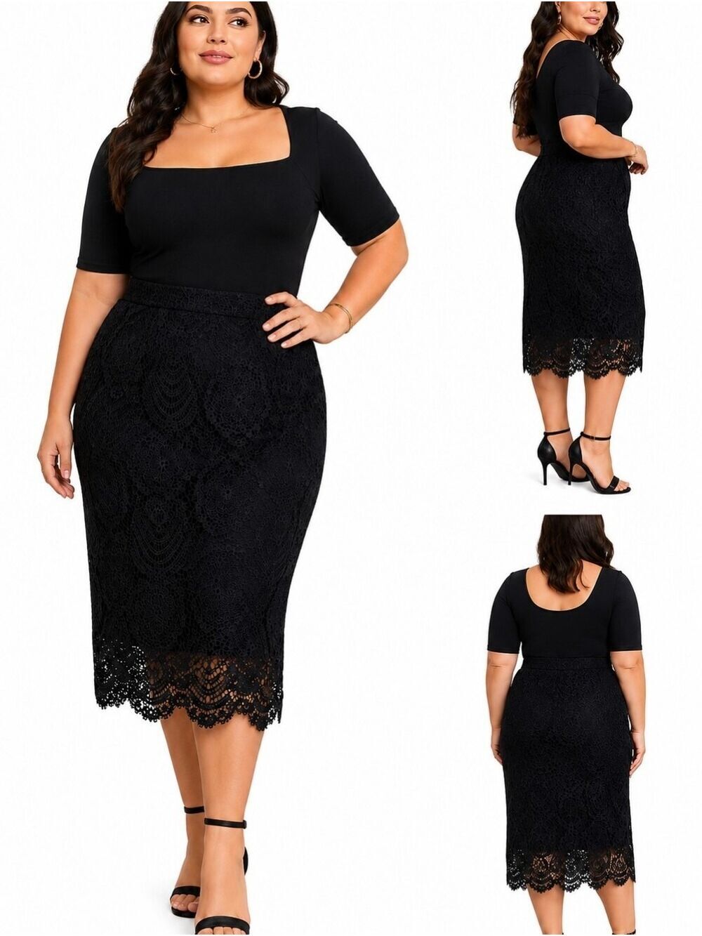 Torrid Black Lace Midi Pencil Skirt Size 14/16 Elegant Scalloped Hem Plus Size